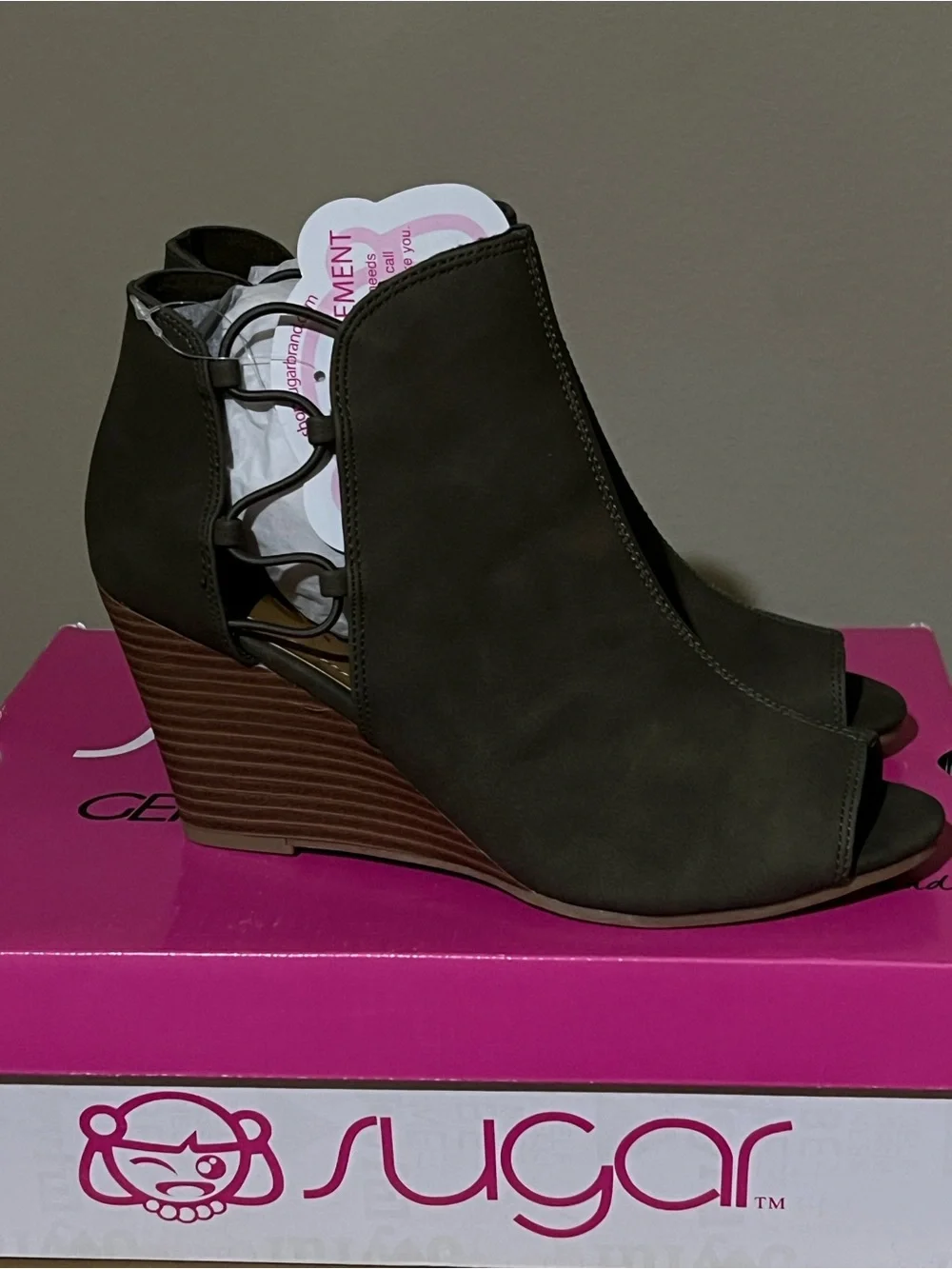 Sugar Olive Open-Toe Lace-Side Wedge Booties